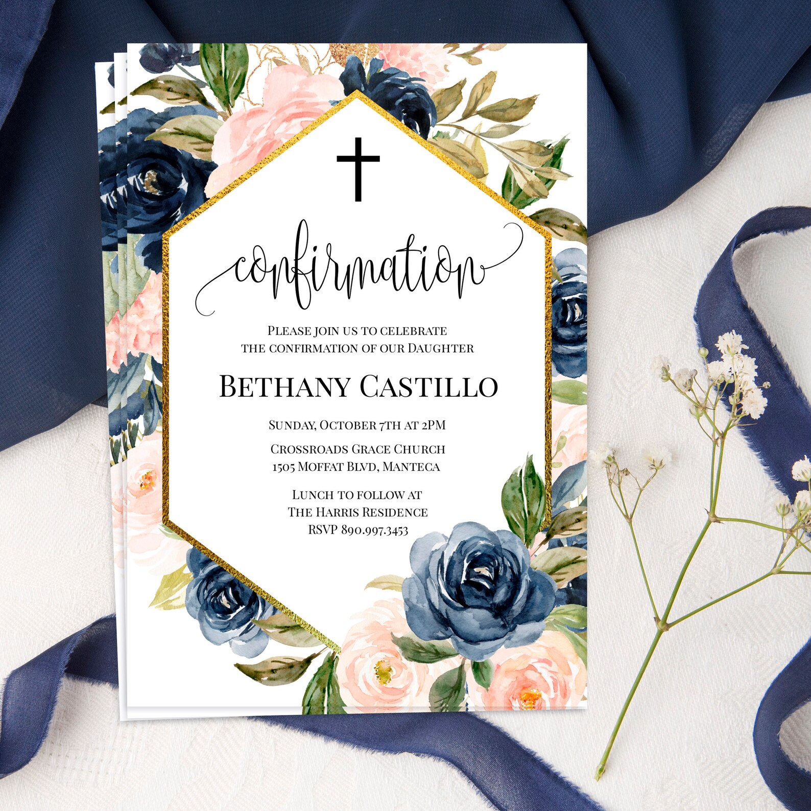 Navy Blush Confirmation Invitation Template 100 Editable Etsy