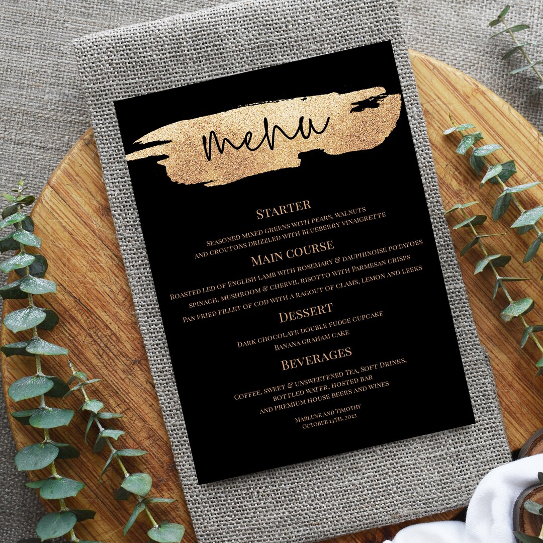 Black and Gold Menu Card Template, Menu Template, Modern Wedding Menu ...