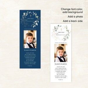 Peut inclure: Un marque-page bleu et blanc avec un motif floral aquarelle et des accents dor&eacute;s. Le marque-page pr&eacute;sente une photo d'un jeune gar&ccedil;on en costume et le texte "Premi&egrave;re communion" et "Ramon Harper".