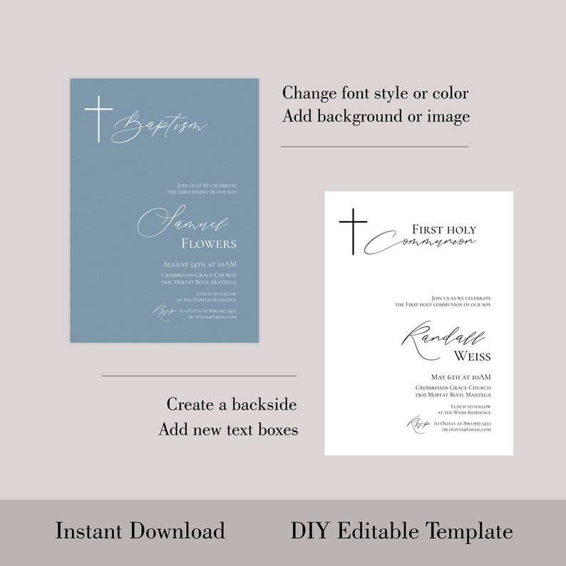 May include: Two customizable baptism and first holy communion invitation templates. The templates feature a cross, the words "Baptism" and "First Holy Communion", and space for the child's name, date, and time of the event. The templates are in a light blue and white color scheme.