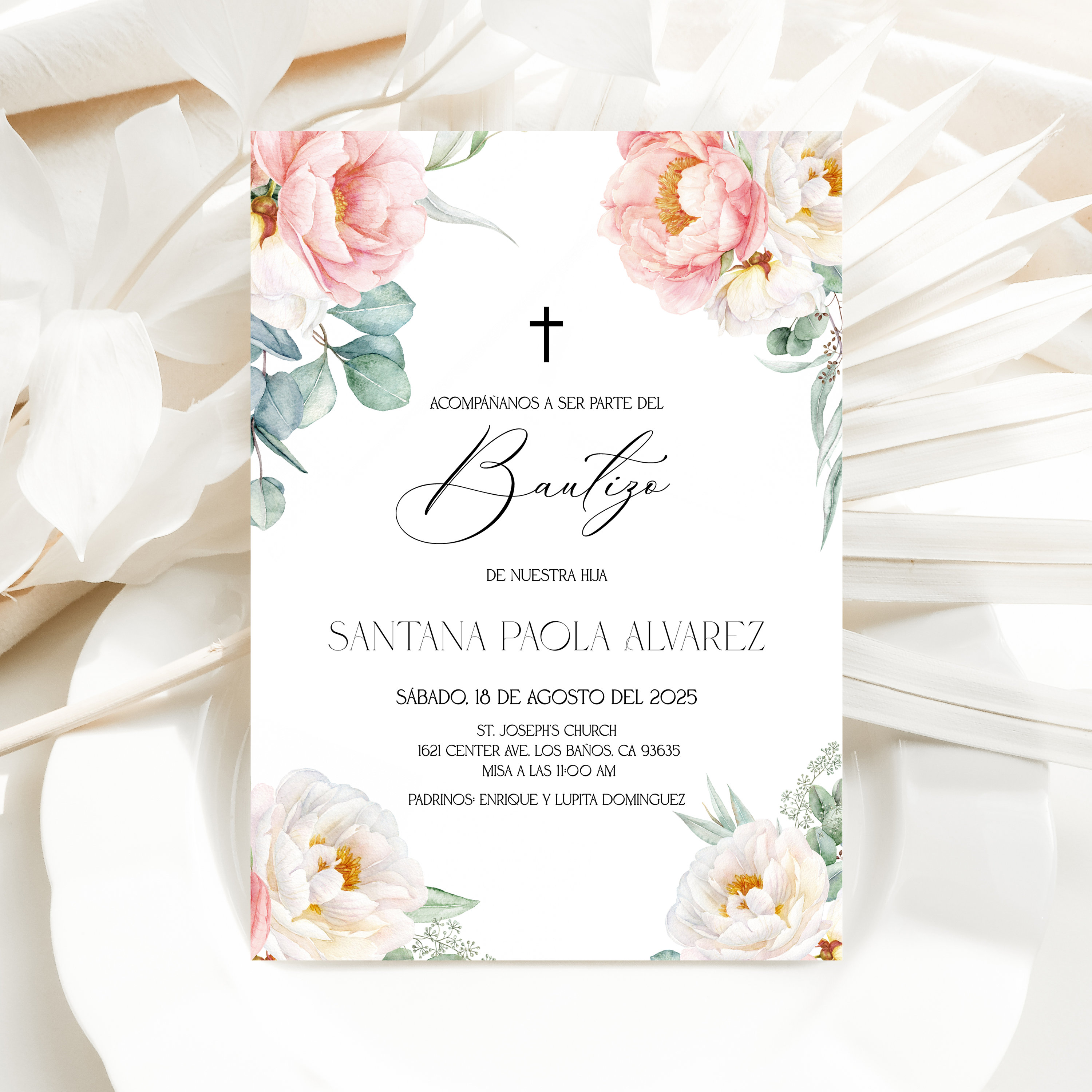 Peonias Invitacion de Bautizo, Bautizo Invitation In Spanish, Invitaciones Bautizo, Light Pink Religious Invite, Girl Baptism, Templett, P71