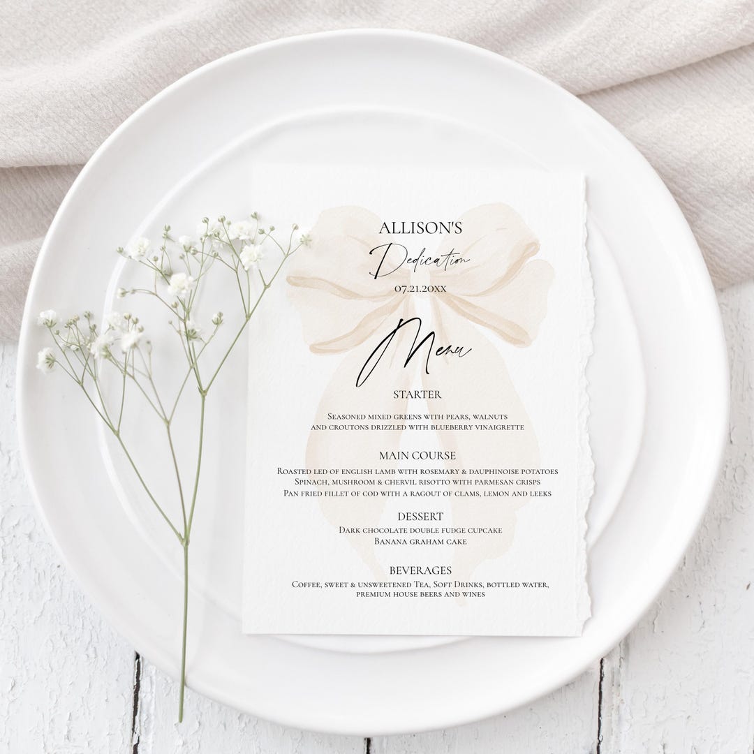 Bow Menu Card Template Beige Bow Menu Printable Simple Menu Editable ...
