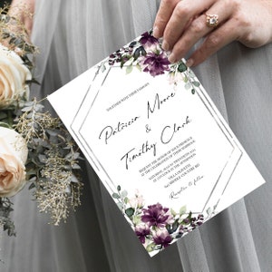 Purple Wedding Invitation Template, Silver Purple Wedding, 100% Editable, Watercolor Florals, Purple Flowers, Templett, Silver Frame, P29a