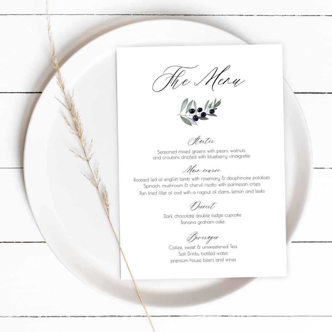 Olive Branch Menu Card Template, 5x7 Menu Card, Greenery Menu, Black Olive, 100 Editable Menu