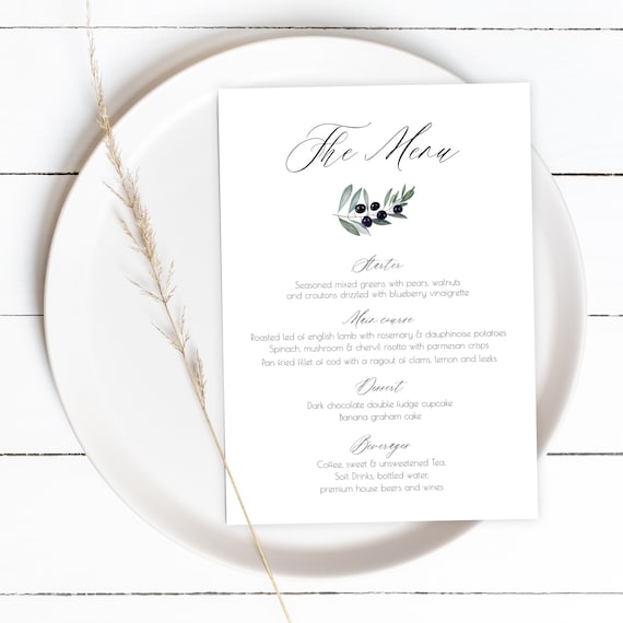 Olive Branch Menu Card Template 5x7 Menu Card Greenery Menu Etsy