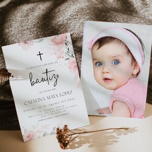 Invitacion de Bautizo, Bautizo Invitation In Spanish, Invitaciones Bautizo, Blush Florals, Religious, Photo, Girl Baptism, Templett, P44