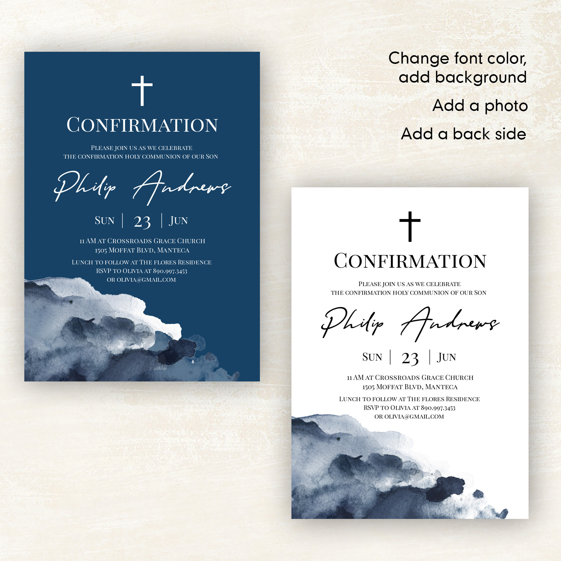 Navy Confirmation Invitation Template 100 Editable Etsy