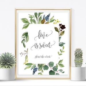 Love is Sweet Sign, Love is Sweet Printable, Dessert Table Sign, Please Take a Treat, Wedding Signs, Greenery Wedding Signs, Navy, P17