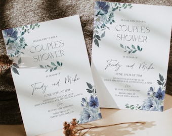 Blue Floral Couples Shower Invitation Template, Navy Wedding Shower Invitation, 100% Editable, Modern Couples Shower, Florals, Templett, P78