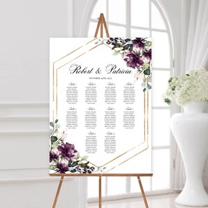 Plantilla de gráfico de asientos de boda de oro púrpura, 100% editable, plano de asientos imprimible, asientos de bricolaje, flores púrpuras de acuarela, Templett, P29