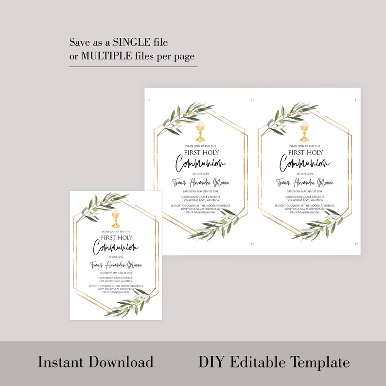 First Communion Invitation Template Download Boy First Holy Communion With Olive Branch 1st Communion Invitation Gender Neutral Templett P22 image 6