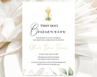 May include: White invitation card with gold lettering announcing a First Holy Communion for Oliver Dean Turner. The card features a watercolour illustration of a chalice with green leaves and white flowers.