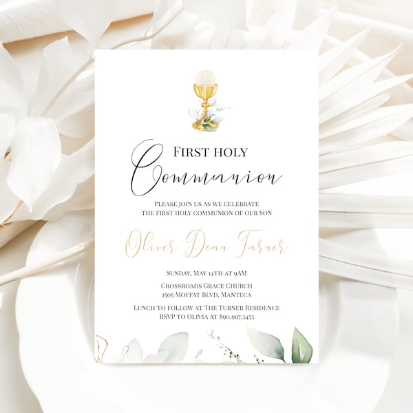 First Holy Communion Invitation Template Download First Holy Communion for Boy Gold Greenery Communion Invite Gender Neutral Templett, P31