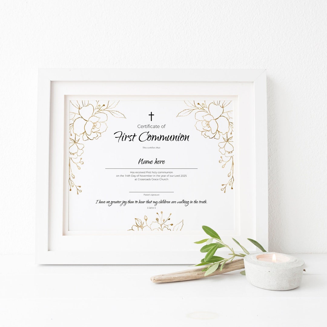 First Communion Certificate Template Gold Floral First Communion ...