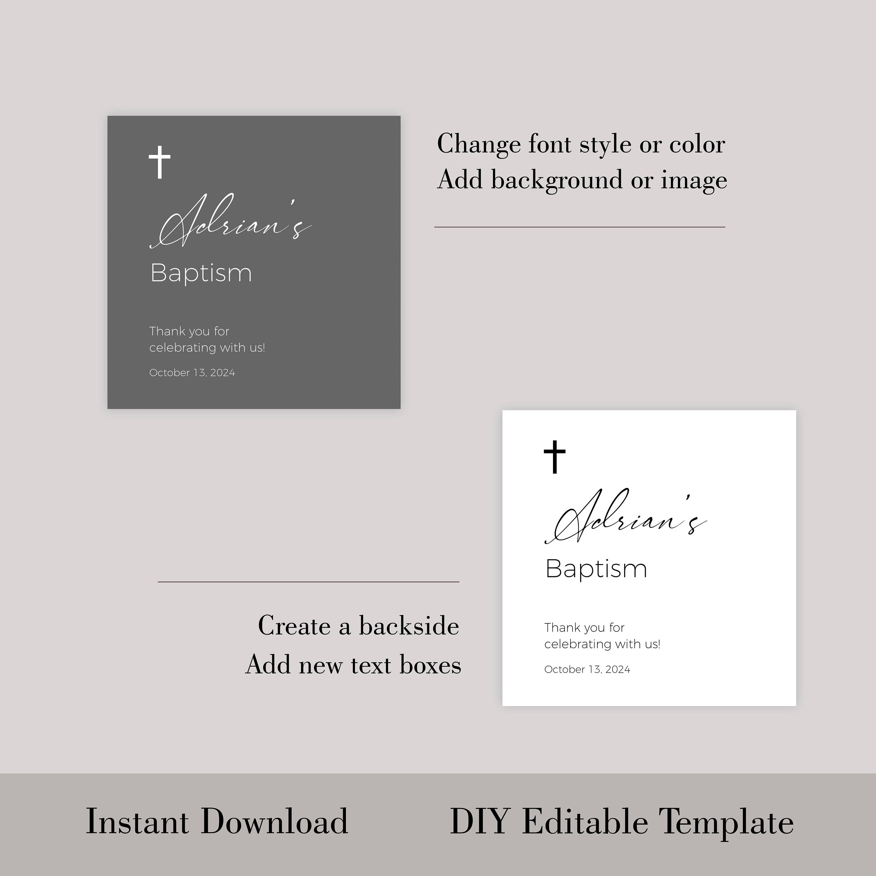 Modern Baptism Candle Label Template, Thank You Favor, Minimalist ...