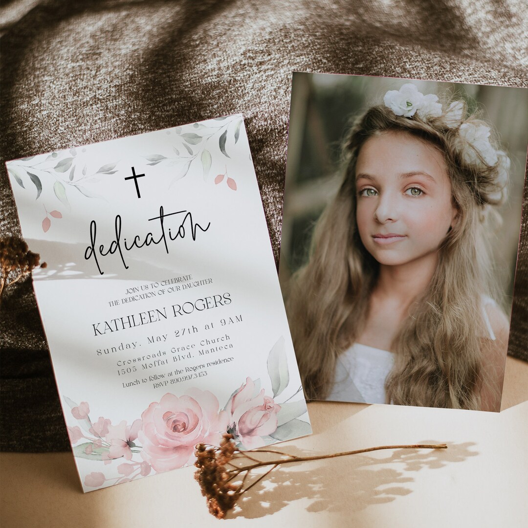 Blush Rose Dedication Invitation Template, Girl Dedication Invite, Pink