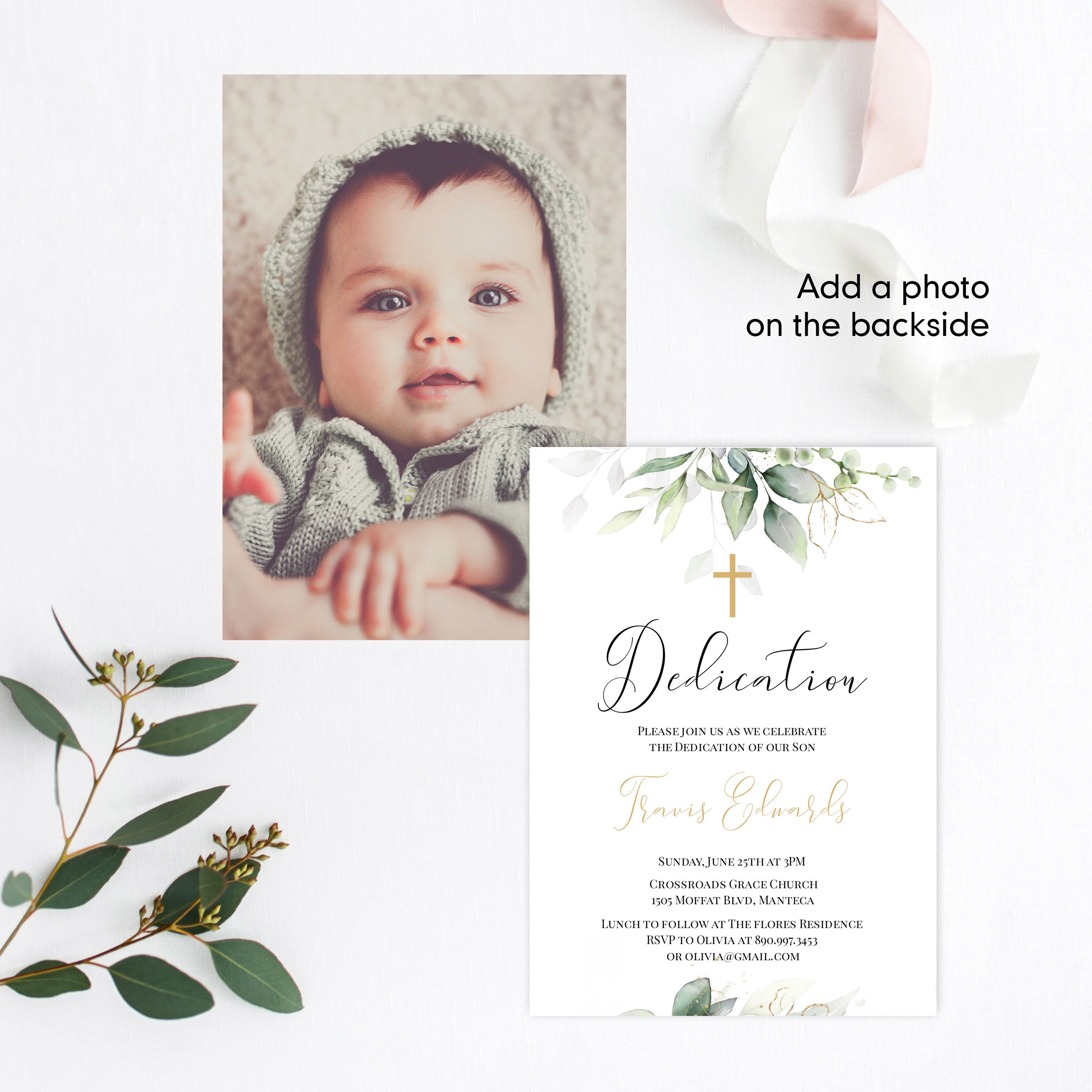 Gold Greenery Dedication Invitation Template Boy Dedication Etsy