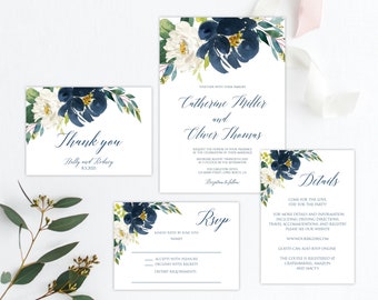 Navy Wedding Invitation Template, Navy Wedding Invite, Editable Invitation, Fully Editable, Instant Download, Templett, Rsvp, Details, P19