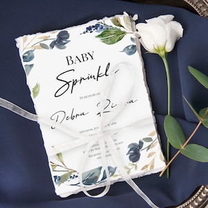 Modelo de convite Boy Baby Sprinkle, convite Greenery Baby Sprinkle, 100% editável, Baby Sprinkle, florais marinhos, Templett, P33
