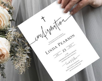 May include: White card with black text announcing a confirmation for Linda Pearson. The event will take place on Saturday, October 23rd at 11:00 AM at Crossroads Grace Church, 1505 Moffat Blvd, Manteca. A reception will follow at The Pearson Residence. RSVP to Olivia at 890997.3453 or olivia@gmail.com.