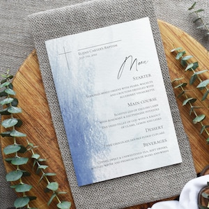 Blue Modern Baptism Menu Card Template Religious Menu Card Editable Blue Menu Printable Dedication Menu Card Confirmation Templett M05