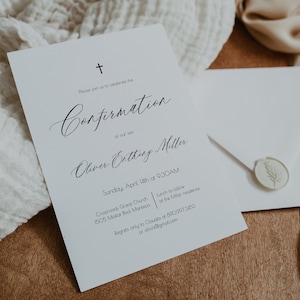 Modèle d&#39;invitation de confirmation simple, confirmation minimaliste, garçon et fille, faire-part religieux, 100 % modifiable, imprimable, faire-part bricolage, P67