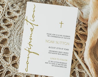 May include: White card with gold lettering announcing a confirmation for Noah Sutton. The event will be held at Crossroads Grace Church on August 27th at 10:00 AM. Lunch will follow at the Sutton Residence. RSVP information is included.