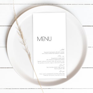 Simple Modern Menu Card Template, Minimal Wedding Menu, 100% Editable, Printable, Dinner Menu, Classic, DIY, Minimalist,  DIY, Templett, P58