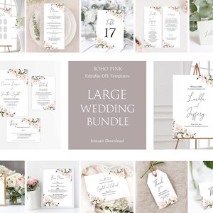 Puede incluir: Un gran paquete de boda con plantillas editables en un tema boho rosa. El paquete incluye un cartel de bienvenida, n&uacute;meros de mesa, un plano de asientos, un men&uacute;, una tarjeta de detalles, una tarjeta RSVP, una tarjeta de agradecimiento y una tarjeta de guardar la fecha. Todas las tarjetas presentan un dise&ntilde;o floral con flores rosas y blancas.