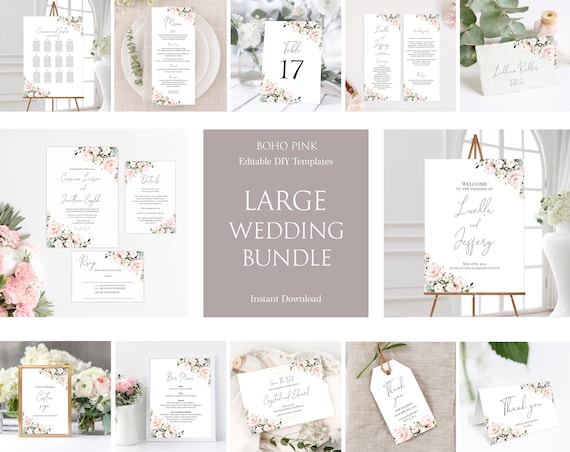 Boho Pink Wedding Invitation Template Set, Pink Rose Wedding Invitation Suite, Printable Wedding Bundle, 100% Editable, DIY, Templett, P30