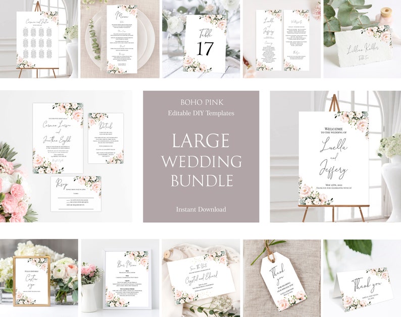 Puede incluir: Un gran paquete de boda con plantillas editables en un tema boho rosa. El paquete incluye un cartel de bienvenida, n&uacute;meros de mesa, un plano de asientos, un men&uacute;, una tarjeta de detalles, una tarjeta RSVP, una tarjeta de agradecimiento y una tarjeta de guardar la fecha. Todas las tarjetas presentan un dise&ntilde;o floral con flores rosas y blancas.