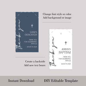 May include: Two printable tag templates. One is navy blue with the text "Thank you" and "Liam's Dedication". The other is white with the text "Thank you" and "Adrian's Baptism". Both include a cross and the date August 19, 2025.