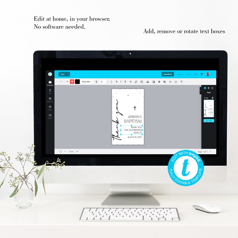 May include: A computer monitor displays a baptism invitation template. The invitation features a tag design with the words "Thank you" in script. The tag includes a cross and the text "Adrian's Baptism". The screen also shows editing options.