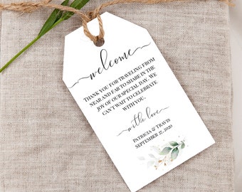 Gold Greenery Wedding Welcome Bag Tag Template, Favor Tag Printable, Thank You Tag, 100% Editable, Welcome Favor Tag Template, Templett, P31