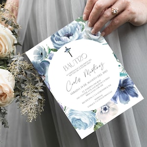 Invitacion de Bautizo, Bautizo Invitation In Spanish, Invitaciones Bautizo, Dusty Blue Floral Religious Invite, Boy Baptism, Bautizo, P78