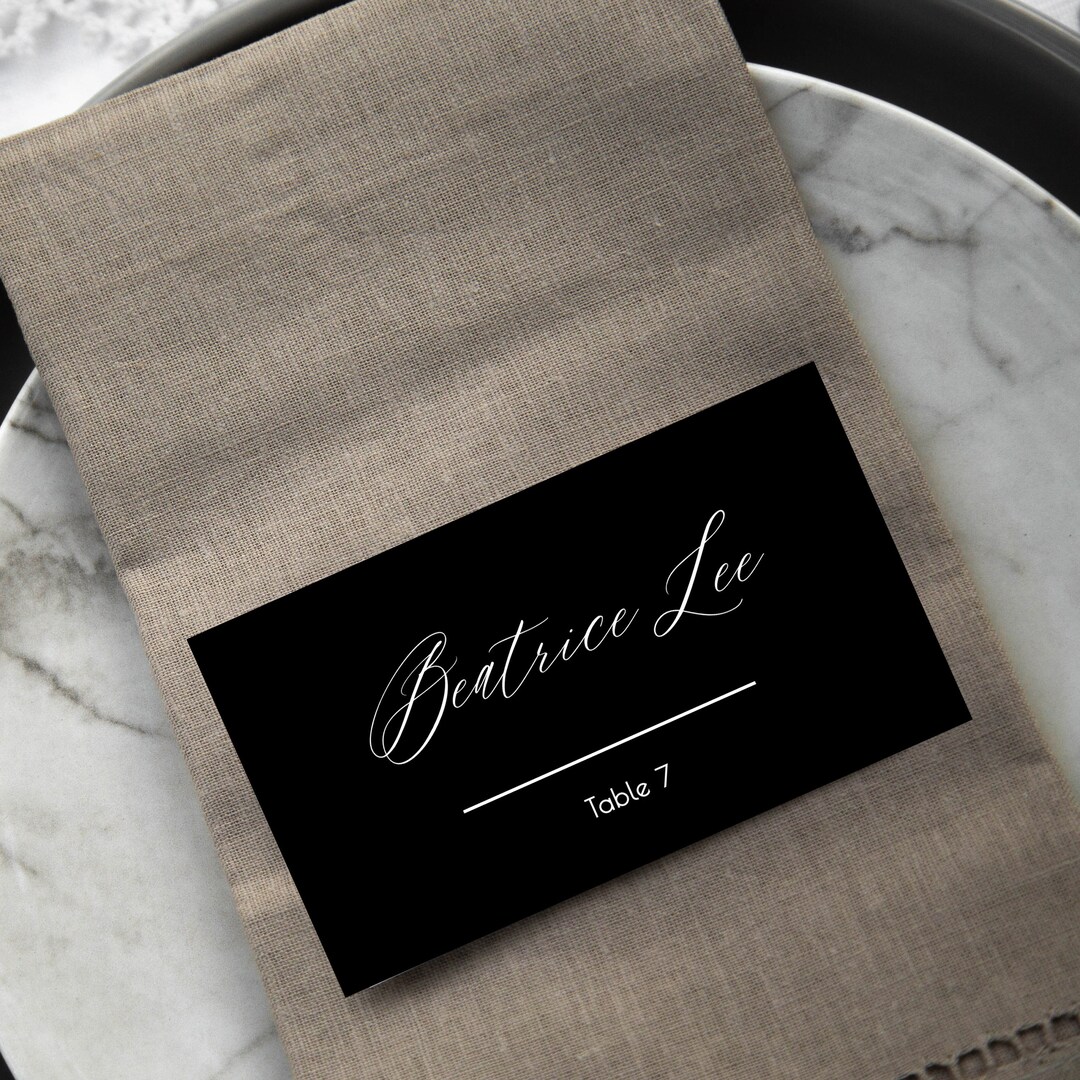 Black Place Card Template, Modern Place Card, Wedding Escort Card, Name ...