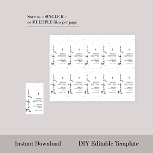 May include: A sheet of printable baptism favor tags with a minimalist design. Each tag features the text "Thank you" in a handwritten font, a cross, and the words "Adrian's Baptism". The tags are white with black text.