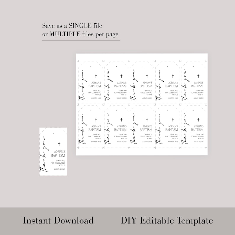 May include: A sheet of printable baptism favor tags with a minimalist design. Each tag features the text "Thank you" in a handwritten font, a cross, and the words "Adrian's Baptism". The tags are white with black text.