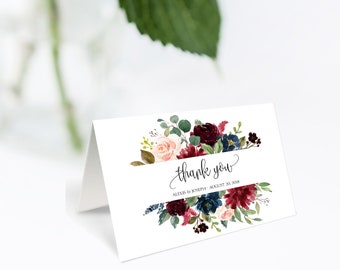 Burgundy Thank You Card, Thank You Card Template, Wedding Thank You, Thank You, Printable Thank You, Folded Thank You, Editable Thanks, P16