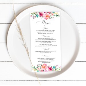 Teal Pink Menu Card Template, Floral Menu, Menu Cards, 100% Editable, Dinner Menu, Calligraphic, Watercolor Florals, Colorful, Templett, P47