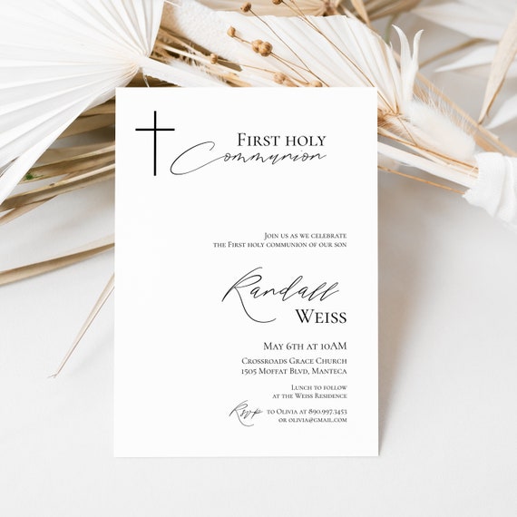 First Holy Communion Invitation Minimalist First Communion Template Gender Neutral First Holy Communion Invitation Religious Templett, P93