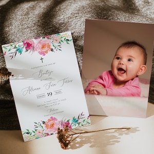 Invitacion de Bautizo, Bautizo Invitation In Spanish, Invitaciones Bautizo, Teal Pink Religious Invite, Girl Rose Baptism, Templett, P47