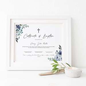 Plantilla de certificado de bautismo de niño, certificado de bautismo de bebé floral azul, 100% editable, imprimible, azul polvoriento, bricolaje, descarga instantánea, P78