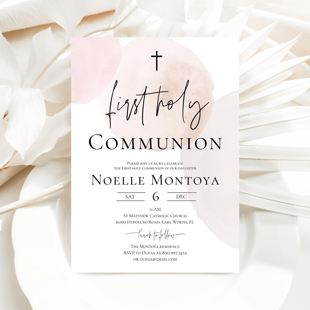Blush First Holy Communion Invitation Dusty Pink Girl First Communion ...