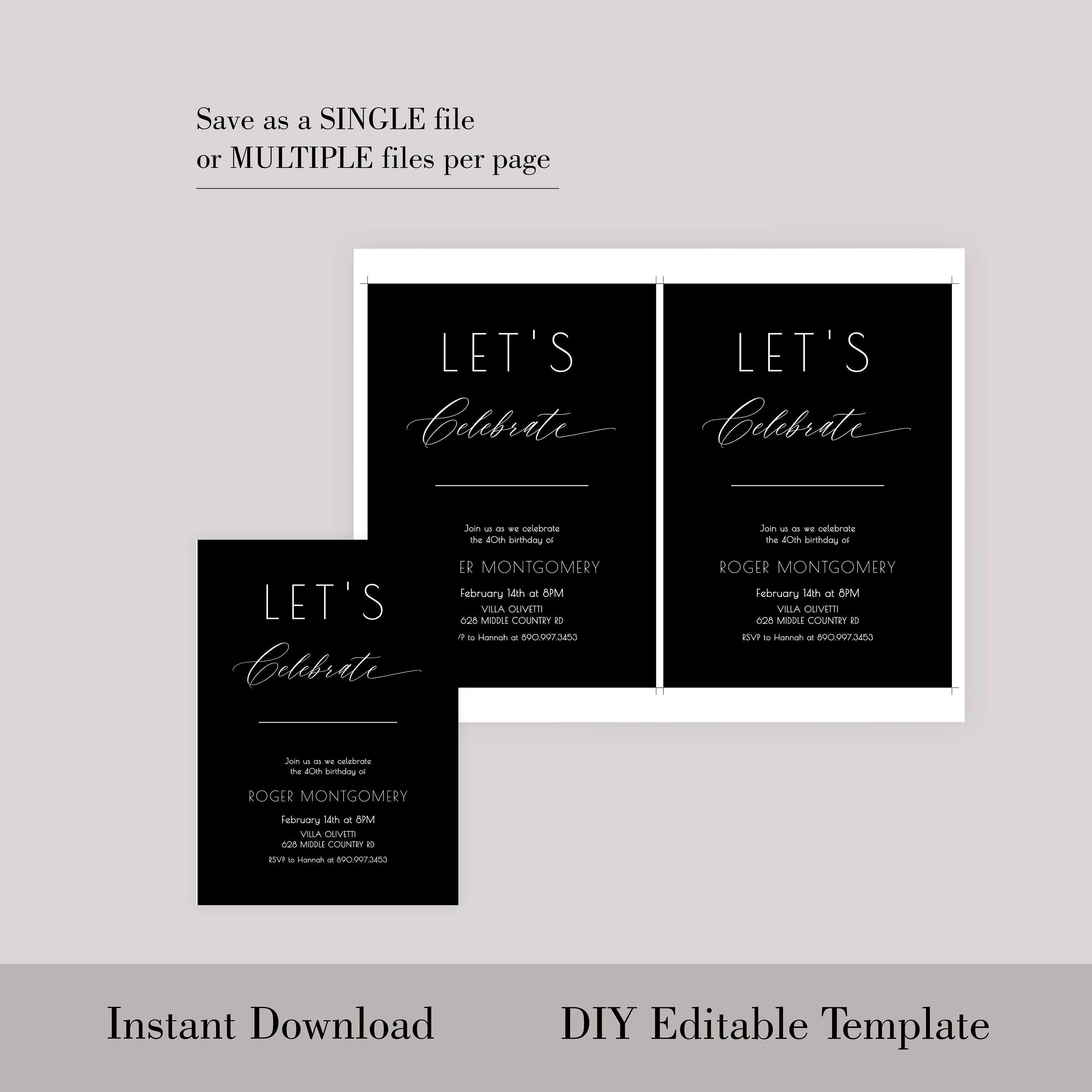 Black Birthday Invitation Template Black and White Invite Etsy