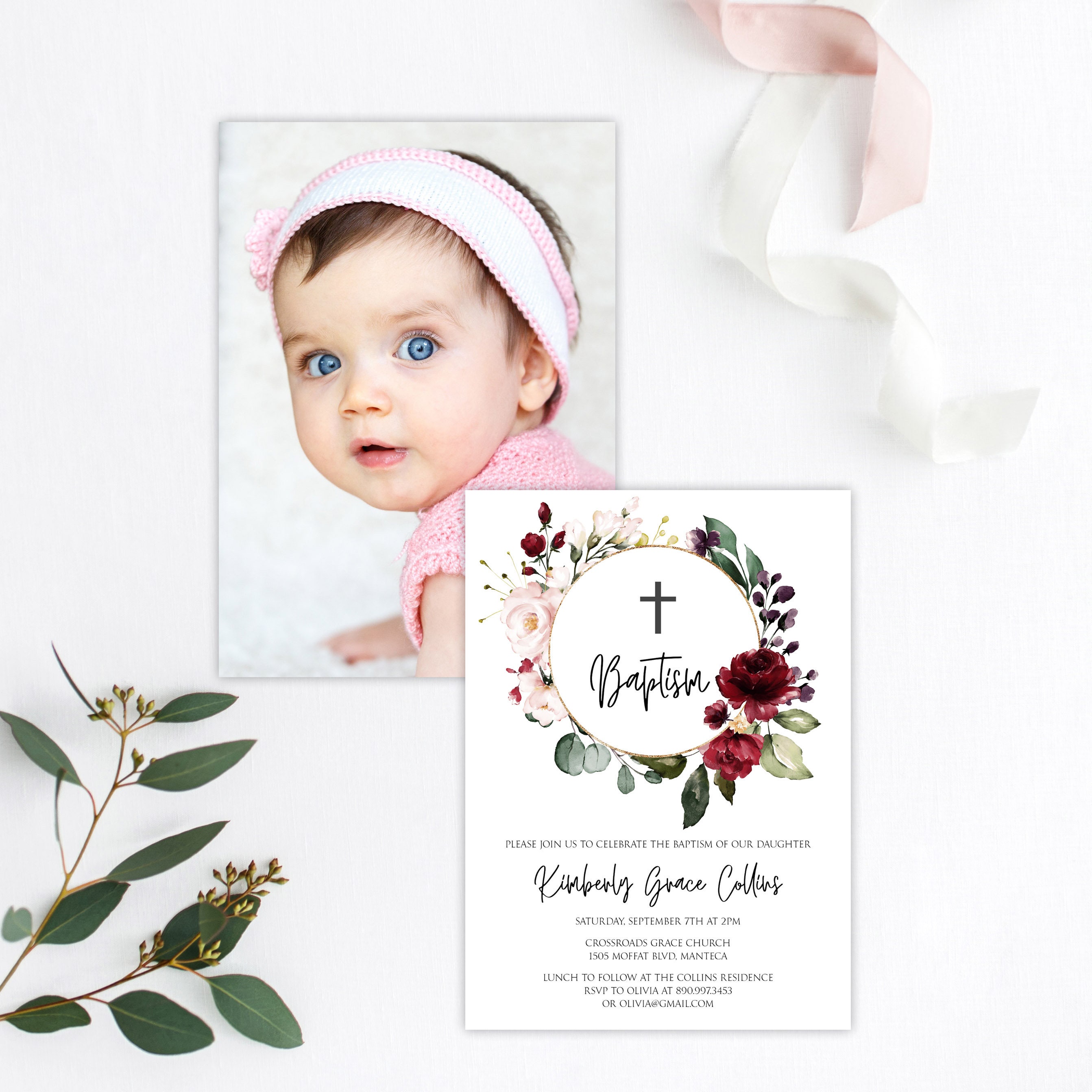 Burgundy Baptism Invitation Floral Baptism Invitation Etsy
