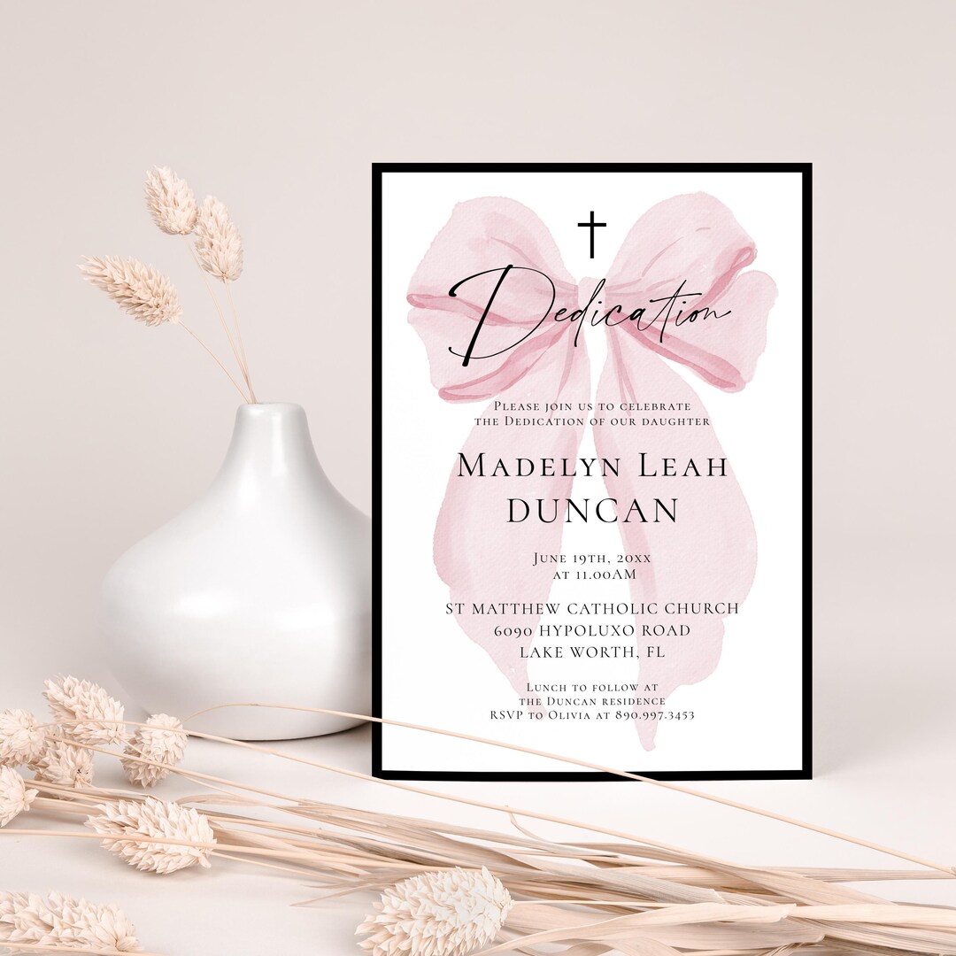 Dedication Message Frame Pink Bow Dedication Invitation Template Girl Religious Invite Editable ...