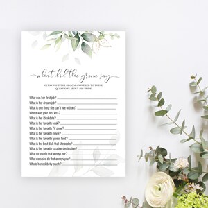 Gold Greenery Was hat der Bräutigam Spielkarte gesagt, was hat er über sie gesagt, das Brautpaar Spiel, printable Spiel, Templett, personalisierbar, P31