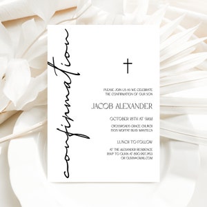 Modello moderno per invito di cresima Cresima di ragazzo Genere neutro Invito religioso semplice Modificabile Conferma stampabile, P74