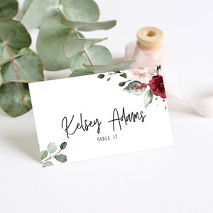 Eucalyptus Place Card Template, Fully Editable Place Card, Place Card Templett, Name Card, Seating Card, Printable Place Card, Burgundy, P26
